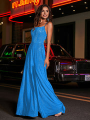 Robe de A-ligne à Col Carré en Jersey Longueur au Sol Bleu Océan