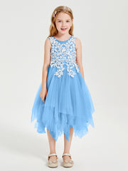 Robes de Demoiselle d'Honneur Junior en Tulle à Longueur de Mollet Bleu