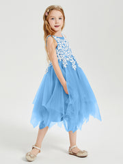 Robes de Demoiselle d'Honneur Junior en Tulle à Longueur de Mollet Bleu