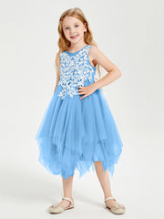 Robes de Demoiselle d'Honneur Junior en Tulle à Longueur de Mollet Bleu