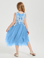 Robes de Demoiselle d'Honneur Junior en Tulle à Longueur de Mollet Bleu