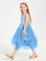 Robes de Demoiselle d'Honneur Junior en Tulle à Longueur de Mollet Bleu