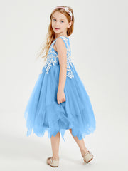 Robes de Demoiselle d'Honneur Junior en Tulle à Longueur de Mollet Bleu