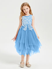 Robes de Demoiselle d'Honneur Junior en Tulle à Longueur de Mollet Bleu