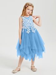 Robes de Demoiselle d'Honneur Junior en Tulle à Longueur de Mollet Bleu