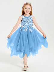 Robes de Demoiselle d'Honneur Junior en Tulle à Longueur de Mollet Bleu