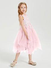Robes de Demoiselle d'Honneur Junior en Tulle à Longueur de Mollet Rose Pâle