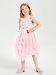 Robes de Demoiselle d'Honneur Junior en Tulle à Longueur de Mollet Rose Pâle