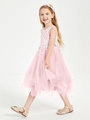 Robes de Demoiselle d'Honneur Junior en Tulle à Longueur de Mollet Rose Pâle