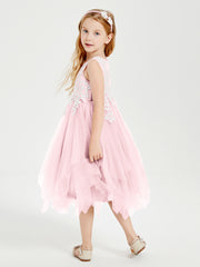 Robes de Demoiselle d'Honneur Junior en Tulle à Longueur de Mollet Rose Pâle