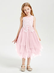 Robes de Demoiselle d'Honneur Junior en Tulle à Longueur de Mollet Rose Pâle