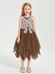 Robes de Demoiselle d'Honneur Junior en Tulle à Longueur de Mollet Brun