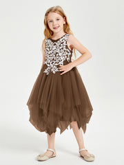 Robes de Demoiselle d'Honneur Junior en Tulle à Longueur de Mollet Brun