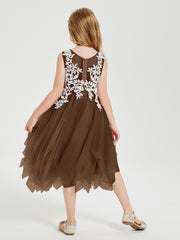 Robes de Demoiselle d'Honneur Junior en Tulle à Longueur de Mollet Brun
