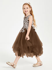 Robes de Demoiselle d'Honneur Junior en Tulle à Longueur de Mollet Brun