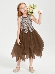 Robes de Demoiselle d'Honneur Junior en Tulle à Longueur de Mollet Brun