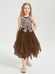 Robes de Demoiselle d'Honneur Junior en Tulle à Longueur de Mollet Brun