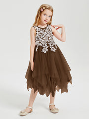 Robes de Demoiselle d'Honneur Junior en Tulle à Longueur de Mollet Brun
