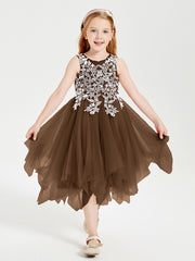Robes de Demoiselle d'Honneur Junior en Tulle à Longueur de Mollet Brun