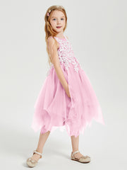 Robes de Demoiselle d'Honneur Junior en Tulle à Longueur de Mollet Rose Bonbon
