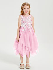 Robes de Demoiselle d'Honneur Junior en Tulle à Longueur de Mollet Rose Bonbon