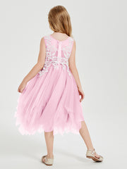 Robes de Demoiselle d'Honneur Junior en Tulle à Longueur de Mollet Rose Bonbon