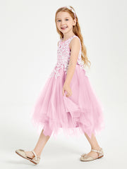 Robes de Demoiselle d'Honneur Junior en Tulle à Longueur de Mollet Rose Bonbon