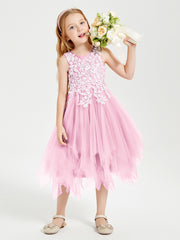 Robes de Demoiselle d'Honneur Junior en Tulle à Longueur de Mollet Rose Bonbon