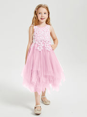 Robes de Demoiselle d'Honneur Junior en Tulle à Longueur de Mollet Rose Bonbon