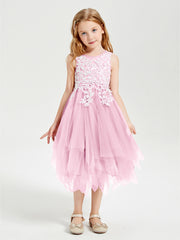 Robes de Demoiselle d'Honneur Junior en Tulle à Longueur de Mollet Rose Bonbon