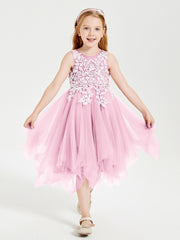 Robes de Demoiselle d'Honneur Junior en Tulle à Longueur de Mollet Rose Bonbon