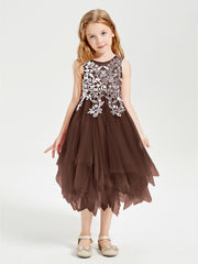 Robes de Demoiselle d'Honneur Junior en Tulle à Longueur de Mollet Chocolat