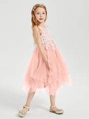 Robes de Demoiselle d'Honneur Junior en Tulle à Longueur de Mollet Corail