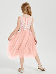 Robes de Demoiselle d'Honneur Junior en Tulle à Longueur de Mollet Corail