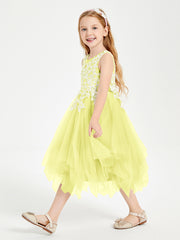 Robes de Demoiselle d'Honneur Junior en Tulle à Longueur de Mollet Jonquille