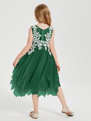 Robes de Demoiselle d'Honneur Junior en Tulle à Longueur de Mollet Vert Foncé