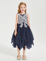 Robes de Demoiselle d'Honneur Junior en Tulle à Longueur de Mollet Bleu Marine