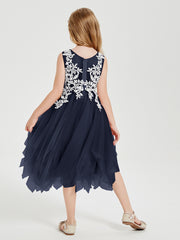 Robes de Demoiselle d'Honneur Junior en Tulle à Longueur de Mollet Bleu Marine