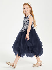Robes de Demoiselle d'Honneur Junior en Tulle à Longueur de Mollet Bleu Marine