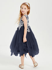 Robes de Demoiselle d'Honneur Junior en Tulle à Longueur de Mollet Bleu Marine