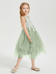 Robes de Demoiselle d'Honneur Junior en Tulle à Longueur de Mollet Sauge Poudrée