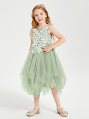 Robes de Demoiselle d'Honneur Junior en Tulle à Longueur de Mollet Sauge Poudrée