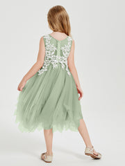 Robes de Demoiselle d'Honneur Junior en Tulle à Longueur de Mollet Sauge Poudrée