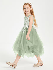 Robes de Demoiselle d'Honneur Junior en Tulle à Longueur de Mollet Sauge Poudrée