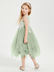 Robes de Demoiselle d'Honneur Junior en Tulle à Longueur de Mollet Sauge Poudrée