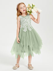 Robes de Demoiselle d'Honneur Junior en Tulle à Longueur de Mollet Sauge Poudrée