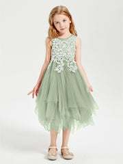 Robes de Demoiselle d'Honneur Junior en Tulle à Longueur de Mollet Sauge Poudrée