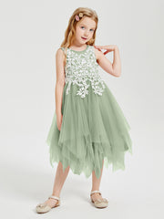 Robes de Demoiselle d'Honneur Junior en Tulle à Longueur de Mollet Sauge Poudrée