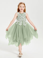 Robes de Demoiselle d'Honneur Junior en Tulle à Longueur de Mollet Sauge Poudrée