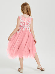 Robes de Demoiselle d'Honneur Junior en Tulle à Longueur de Mollet Flamant
